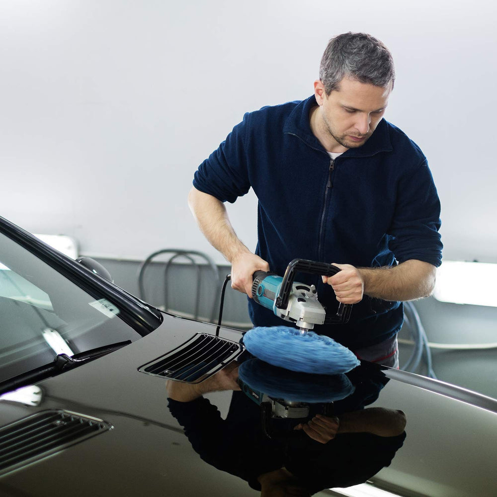 Mudder bonnet on 9–10 inch polisher showing correct size and fit benefit