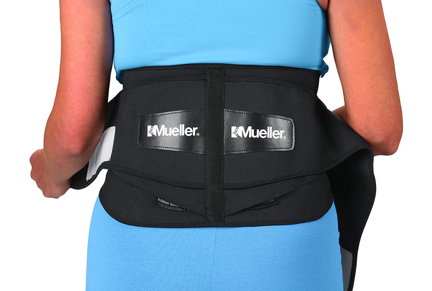 MUELLER lumbar brace front view showing straps and breathable mesh for stable support
