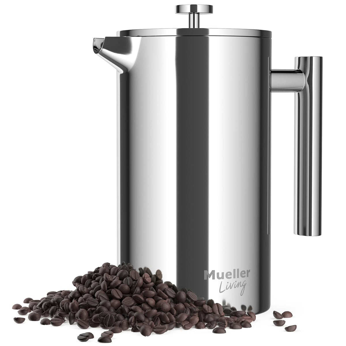 Mueller stainless steel French press front view showing sleek double‑walled carafe and durable finish for hotter coffee