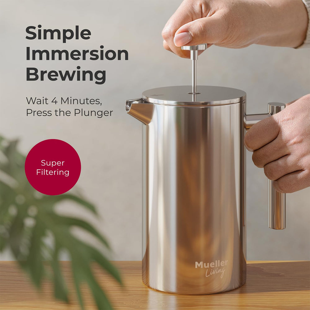 Mueller press in use pouring coffee into cup showing easy pour spout and drip‑free serving