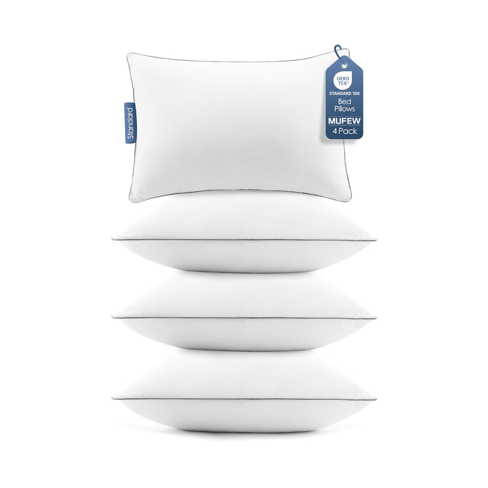 MUFEW front view of four-pack packaging showing hotel-quality pillows and quick setup