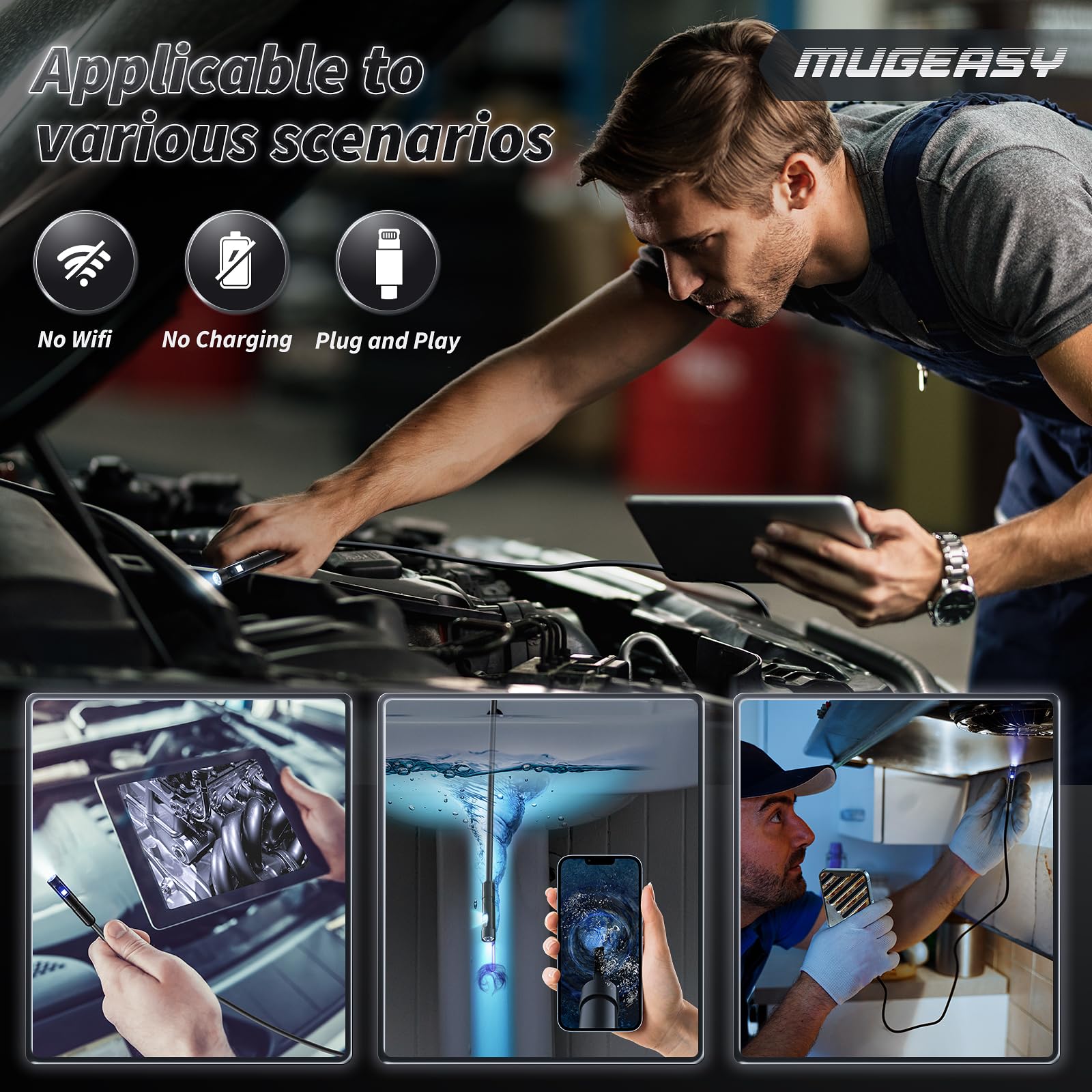 MugEasy camera inserted into car engine bay illustrating automotive inspection use