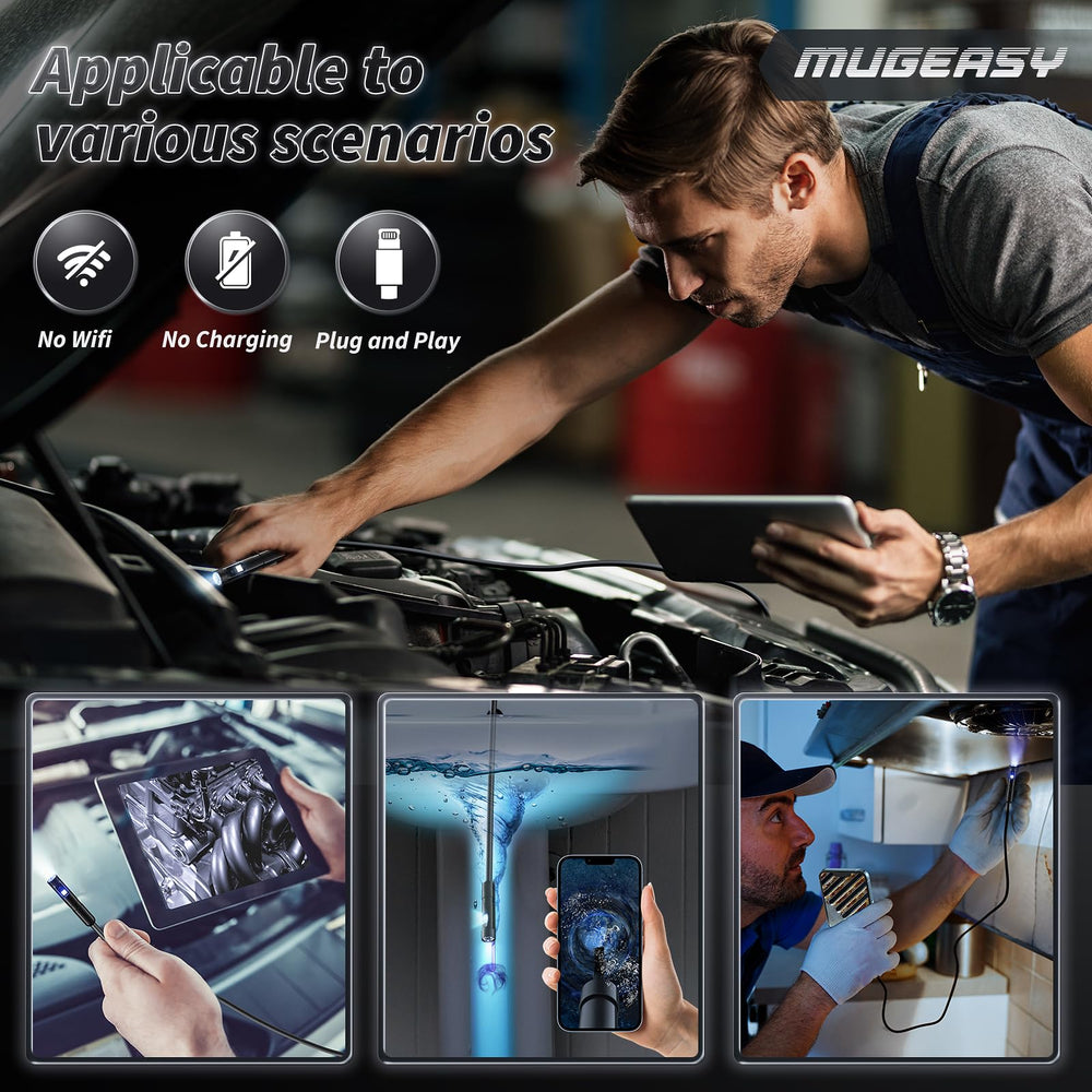 MugEasy camera inserted into car engine bay illustrating automotive inspection use