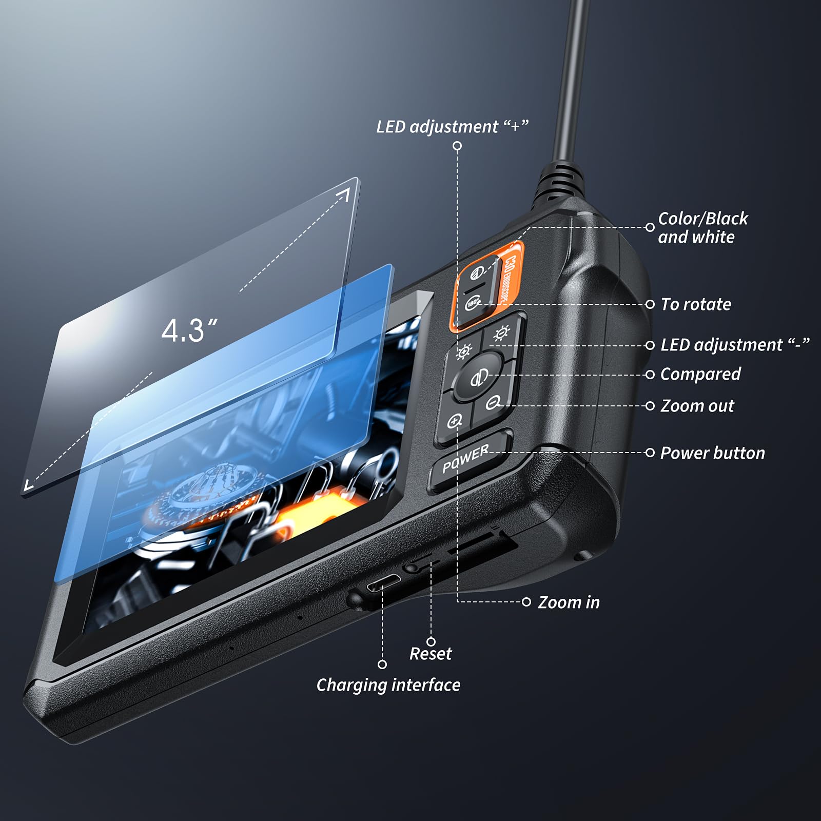 MugEasy camera probe close-up showing 7.9mm head and slim profile for tight access