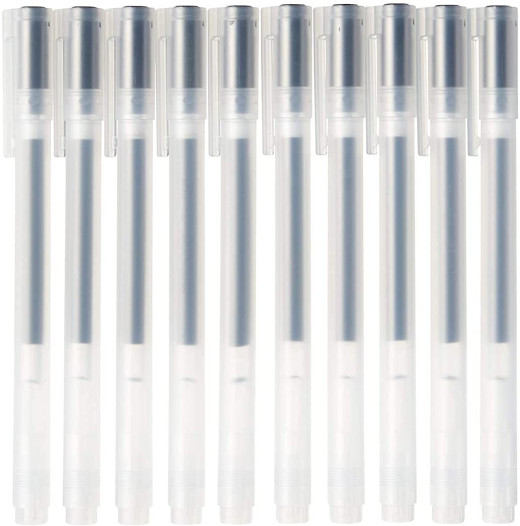 MUJI front packaging showing ten capped black gel pens for neat storage and gifting