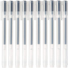 MUJI front packaging showing ten capped black gel pens for neat storage and gifting