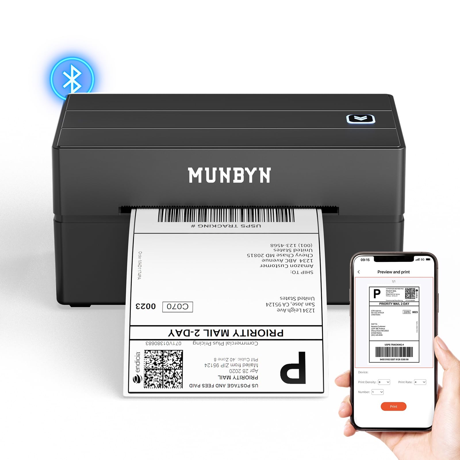 MUNBYN front view showing compact shipping printer and clear controls for fast setup