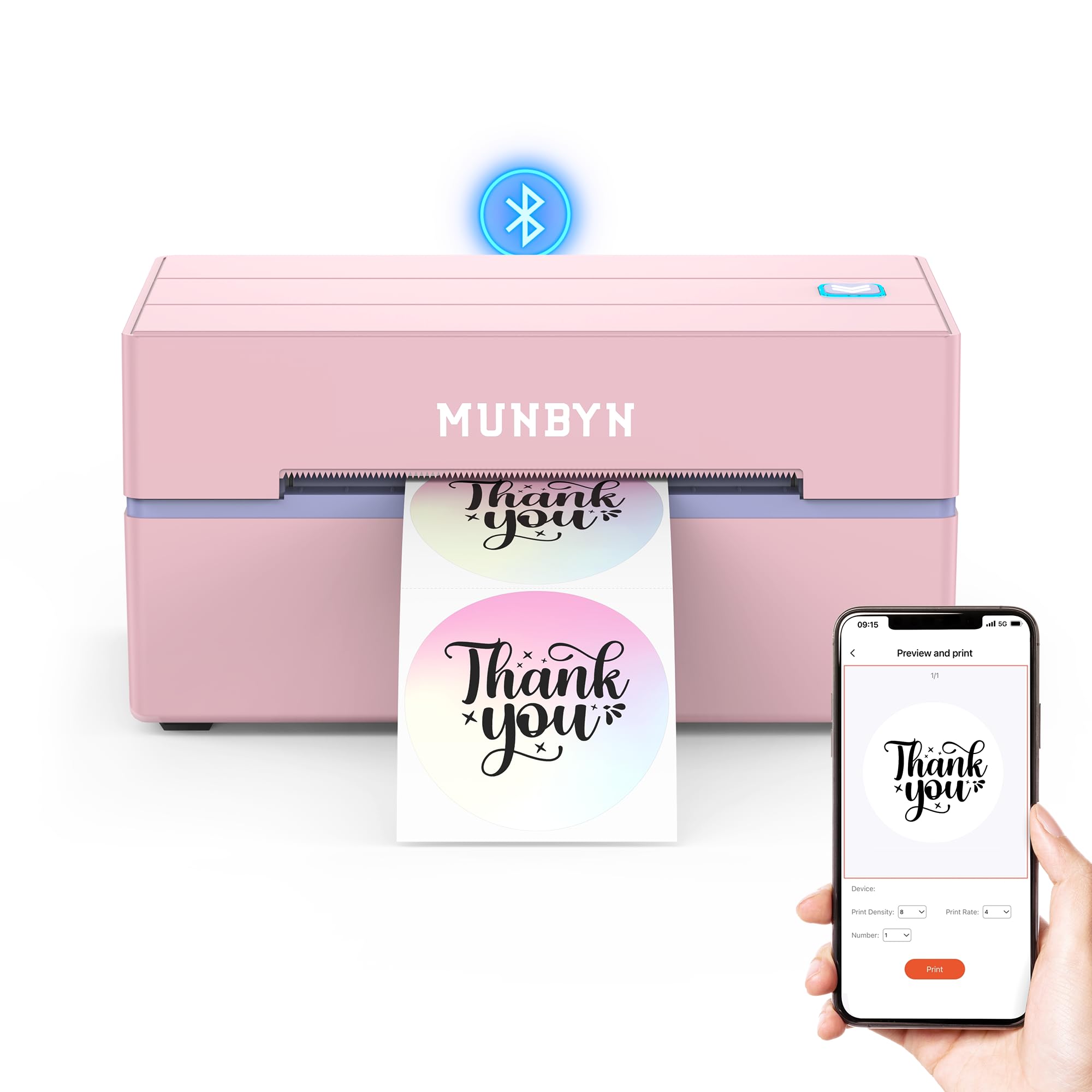 MUNBYN front view showing compact wireless printer and clear controls for fast setup