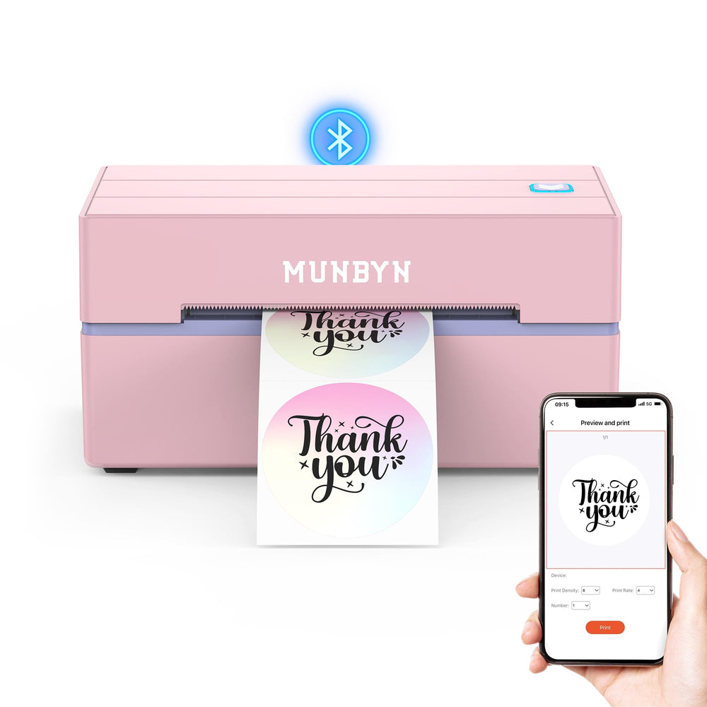 MUNBYN front view showing compact wireless printer and clear controls for fast setup
