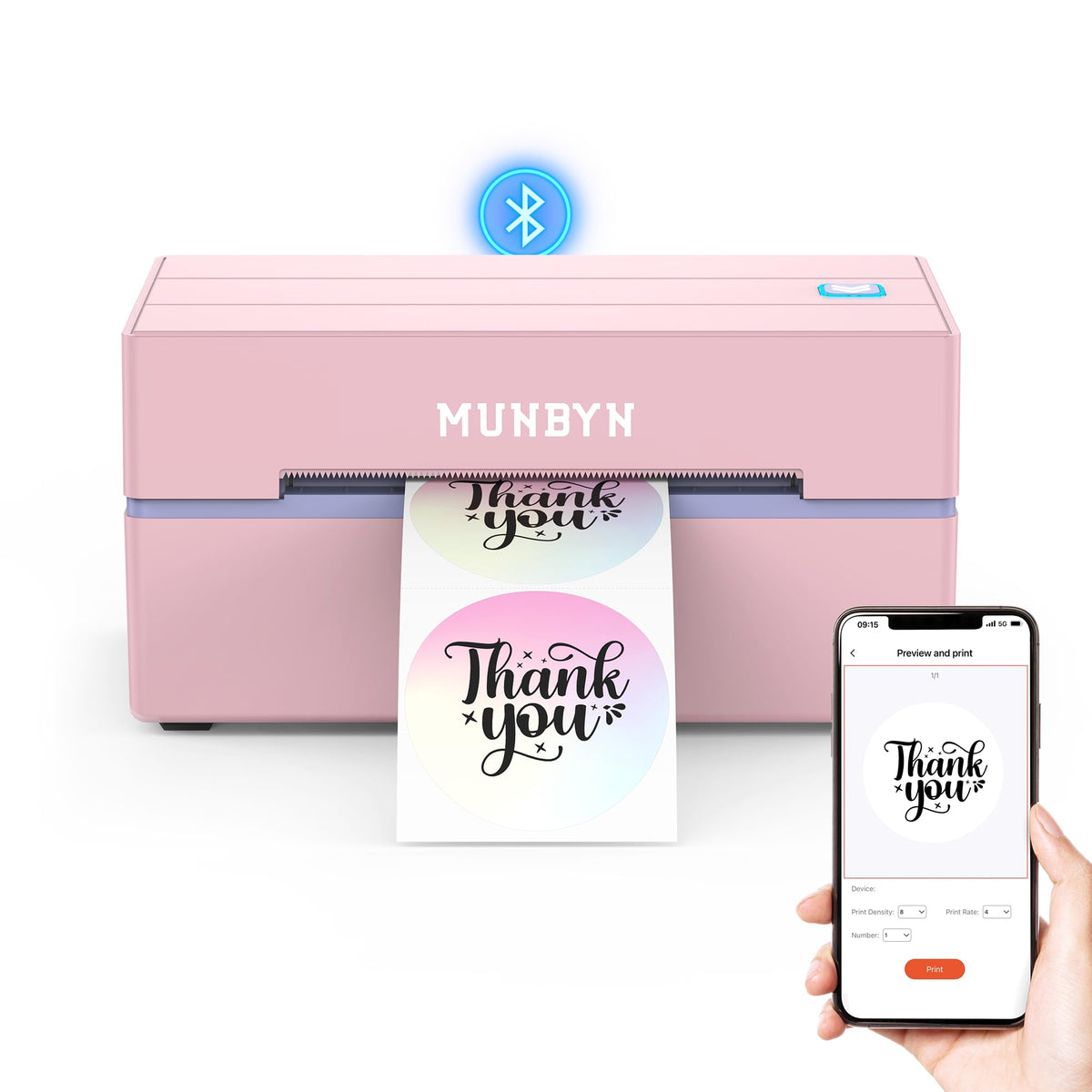 MUNBYN front view showing compact wireless printer and clear controls for fast setup