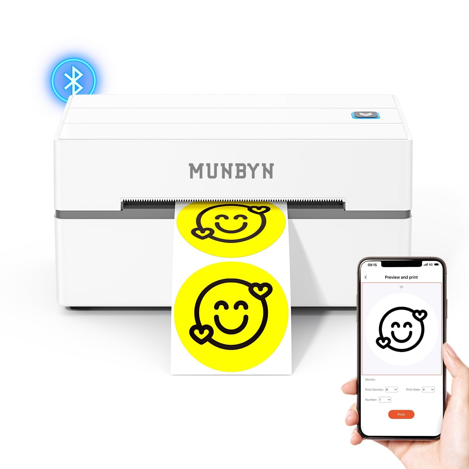 MUNBYN RealWriter front view showing compact body and power button, ideal for small workspaces