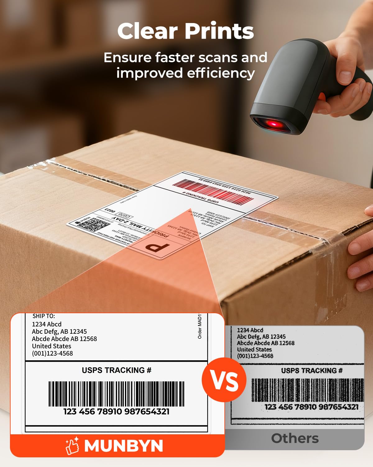 MUNBYN roll core and dimensions visible for compatibility with label printers