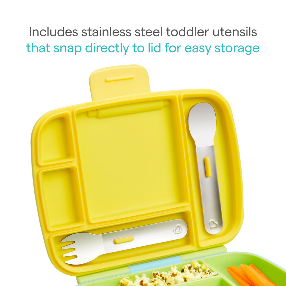Munchkin stainless steel fork and spoon snapped into lid for secure storage
