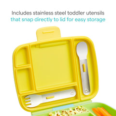 Munchkin stainless steel fork and spoon snapped into lid for secure storage