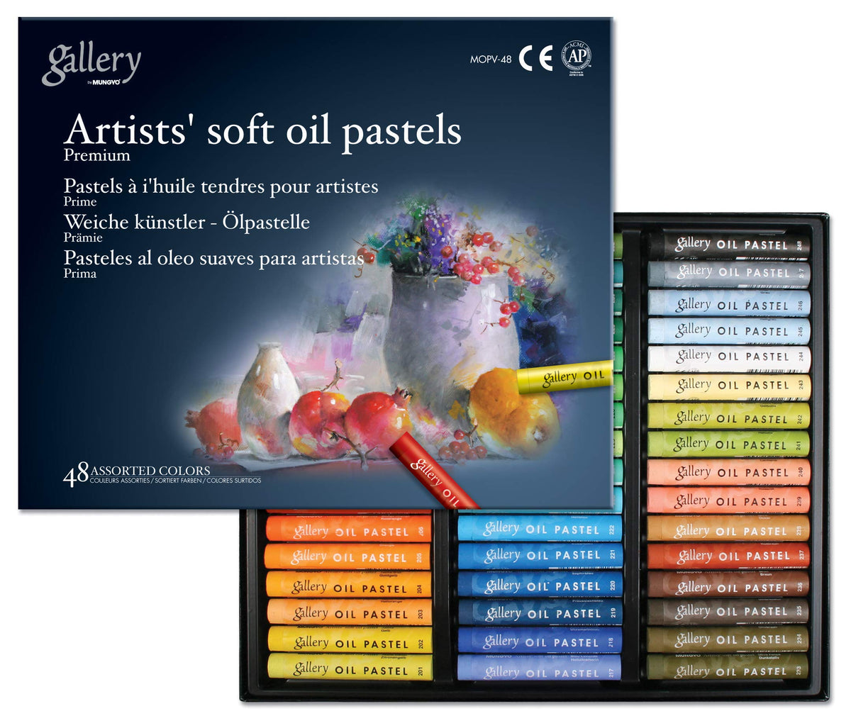 MUNGYO front packaging showing 48 vibrant pastel colors and organized layout benefit