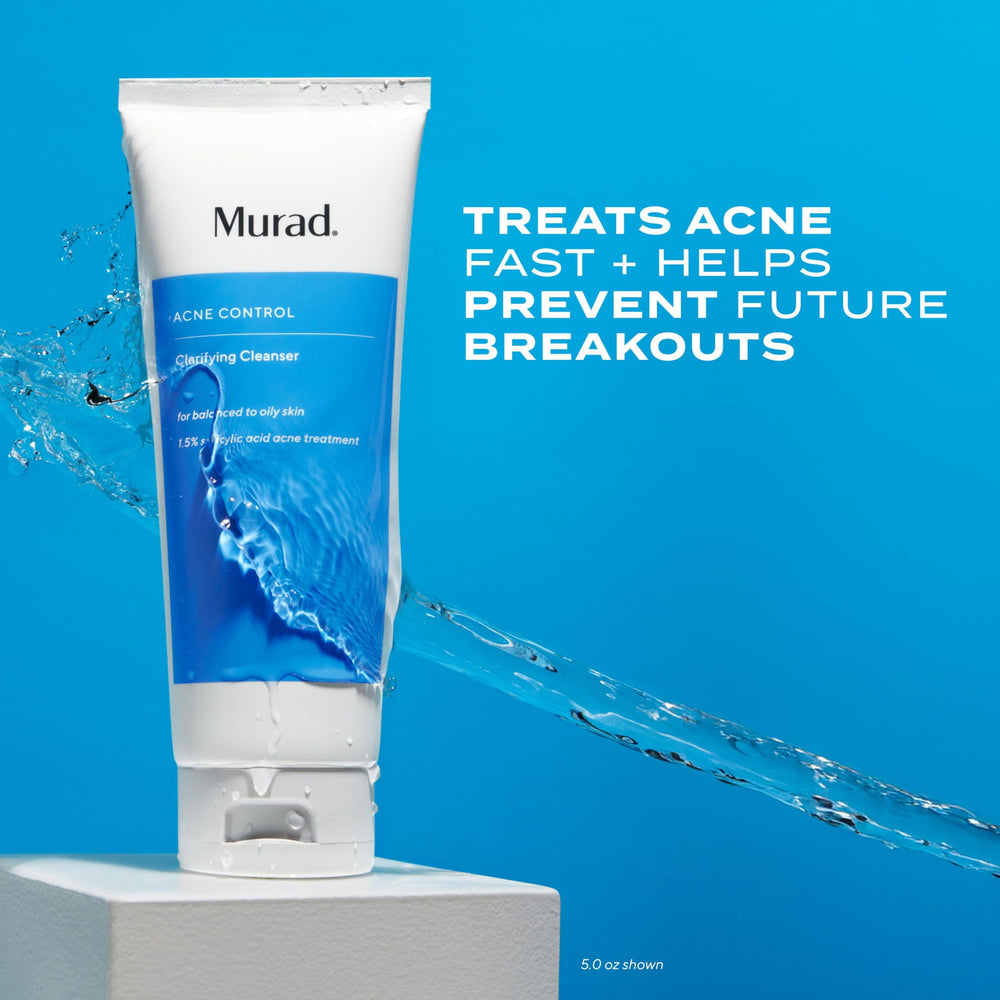 Murad clarifying cleanser 2 fl oz next to hand showing compact travel size