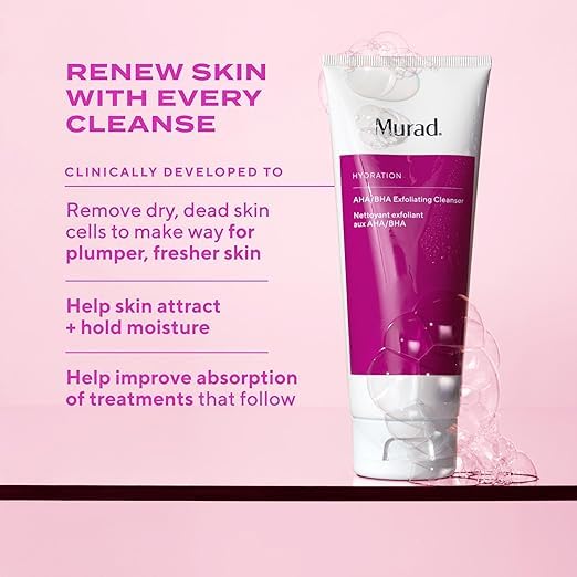 Close-up of Murad cleanser label highlighting glycolic, lactic and salicylic acids
