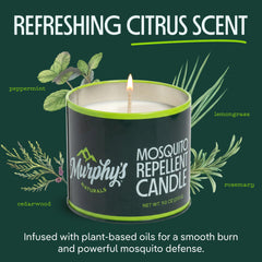 Murphy's Naturals candle burning on patio table providing mosquito-friendly ambiance