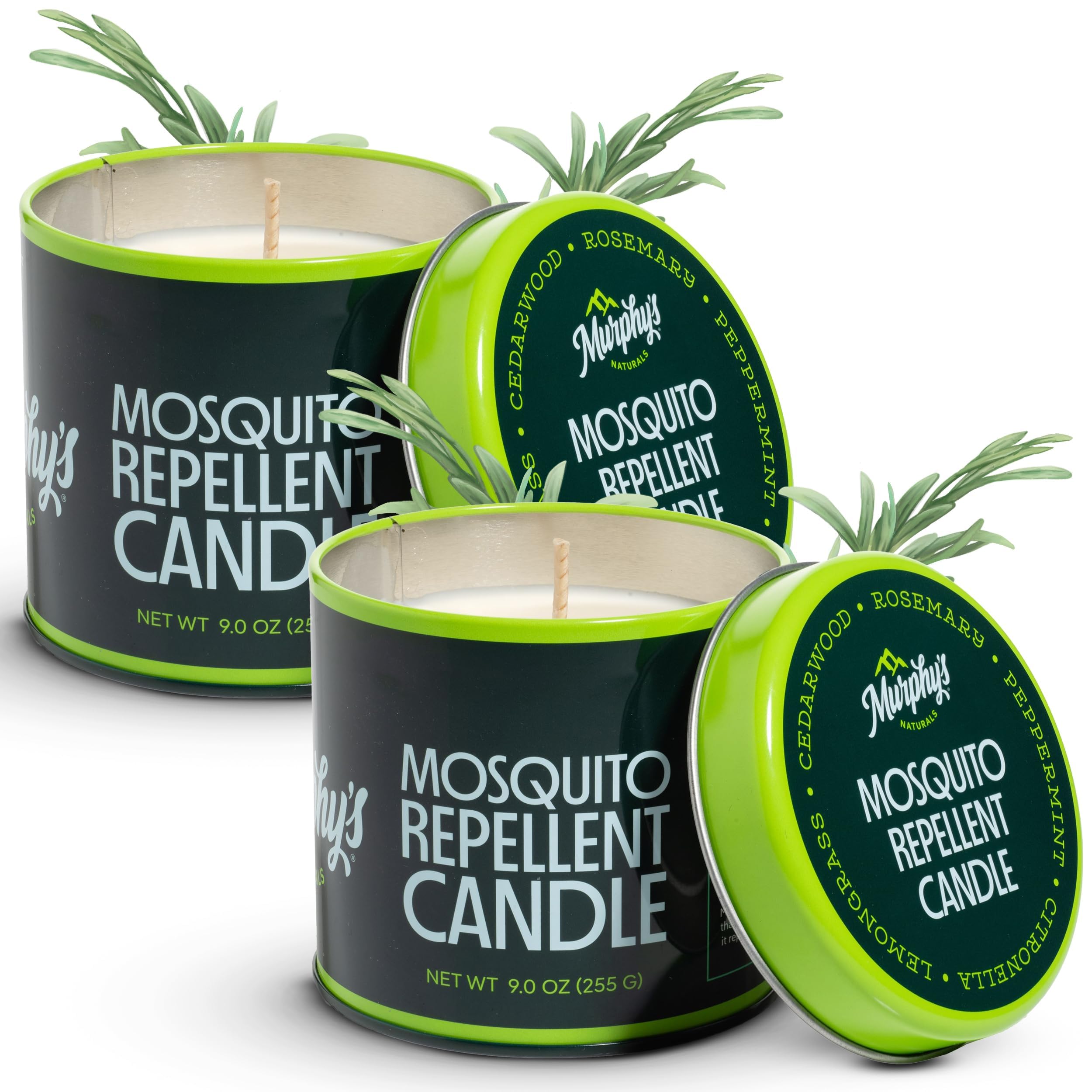 Murphy's Naturals front packaging showing two citronella candles and outdoor use benefit