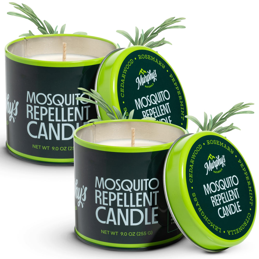 Murphy's Naturals front packaging showing two citronella candles and outdoor use benefit
