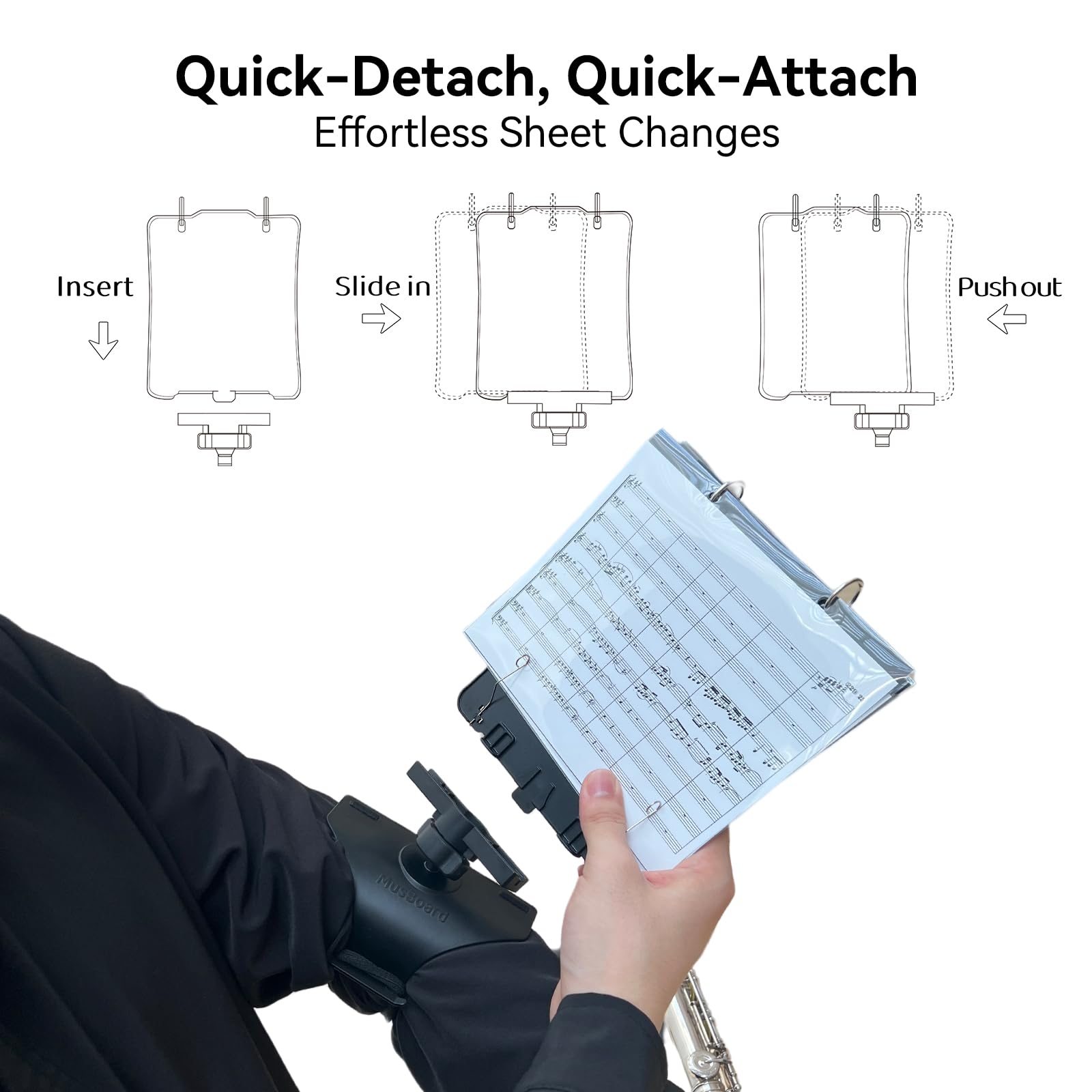 MusBoard clear sleeves and metal rings displaying organized music protection