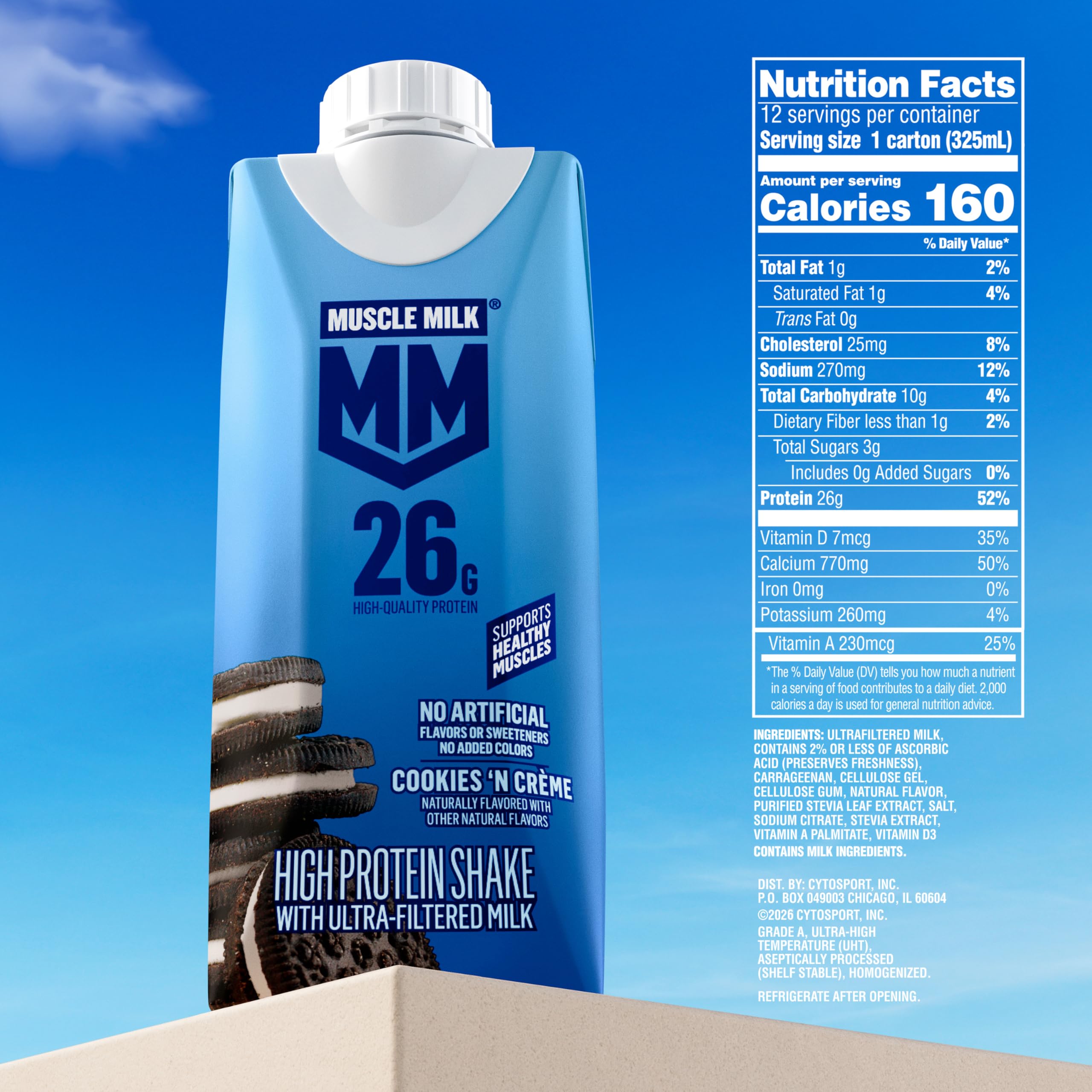 Muscle Milk nutrition label close-up showing protein and vitamins