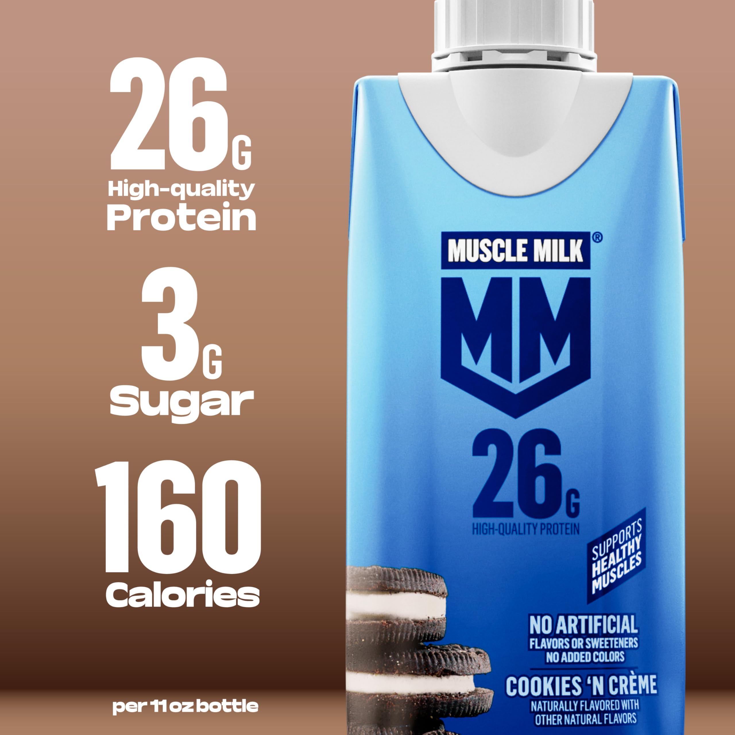 Muscle Milk carton next to a hand to show compact 11 oz size