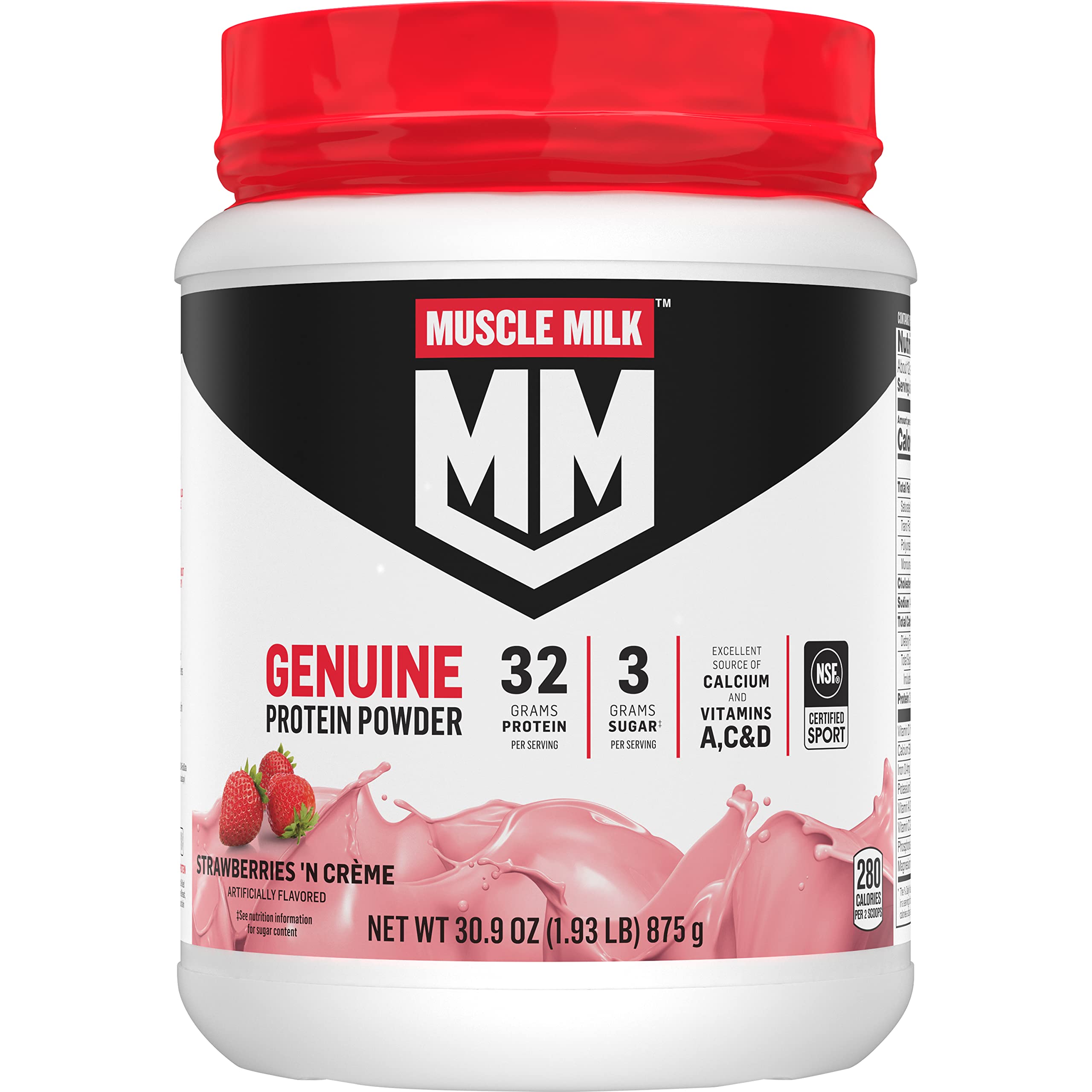 Muscle Milk front canister showing strawberries ’n crème flavor and serving info for easy selection
