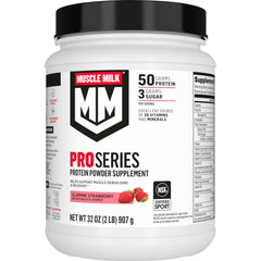 Muscle Milk front canister showing label and strawberry flavor benefit