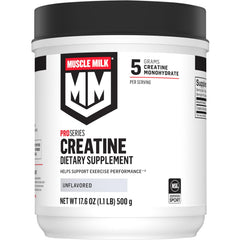 Muscle Milk front packaging showing canister and servings, highlights convenience