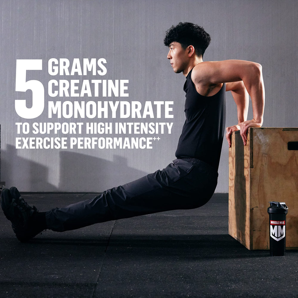 Muscle Milk mixed in a shaker bottle, demonstrates easy dissolution and use