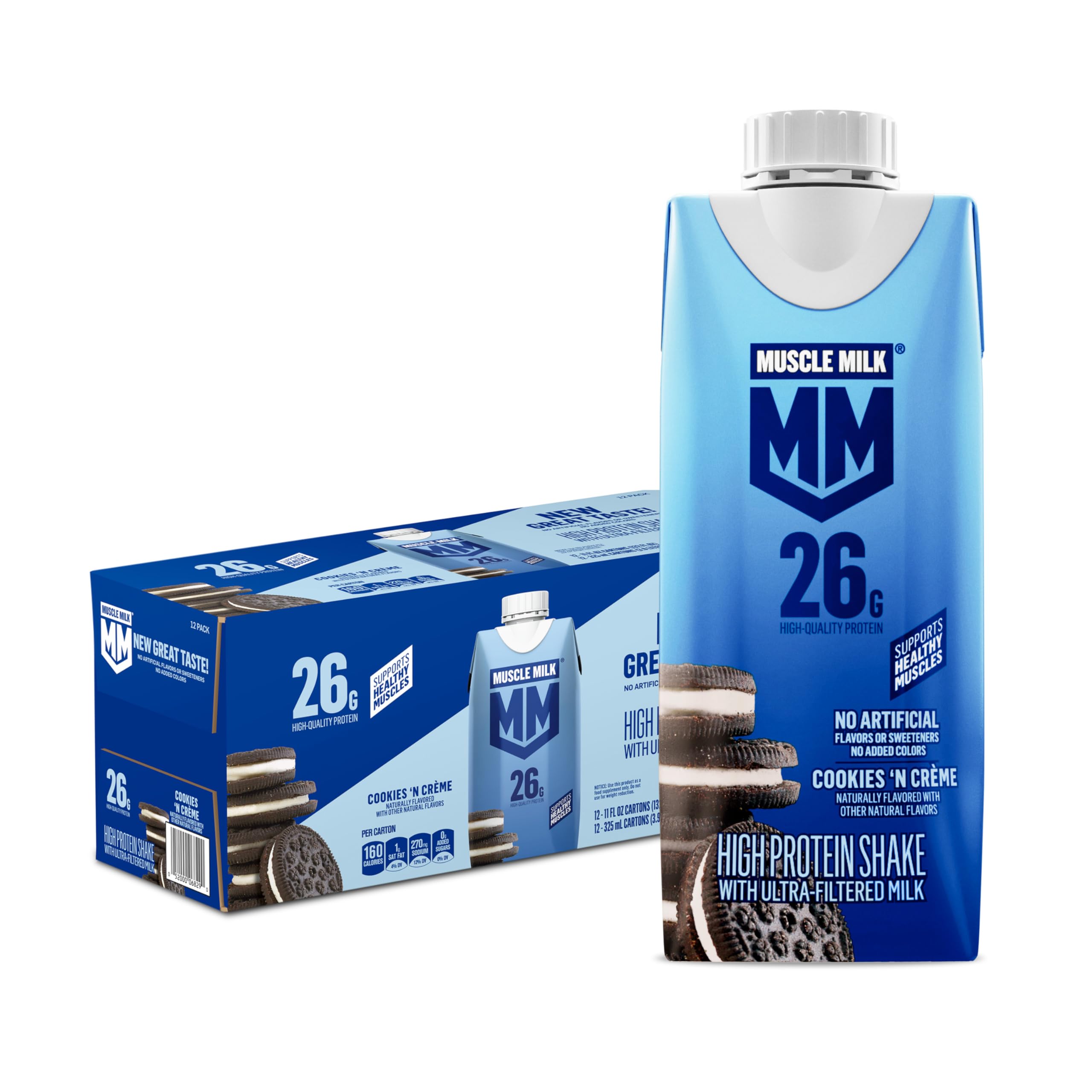 Muscle Milk front packaging showing cookies 'n creme flavor and convenience