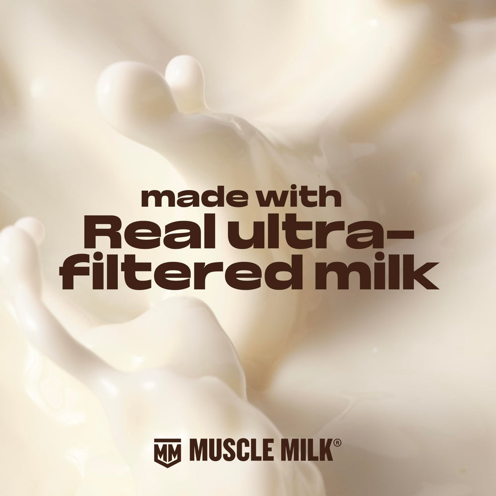Muscle Milk poured into glass showing creamy vanilla texture and appeal