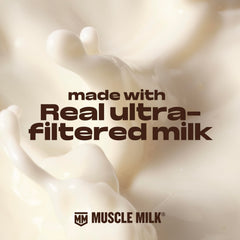 Muscle Milk poured into glass showing creamy vanilla texture and appeal