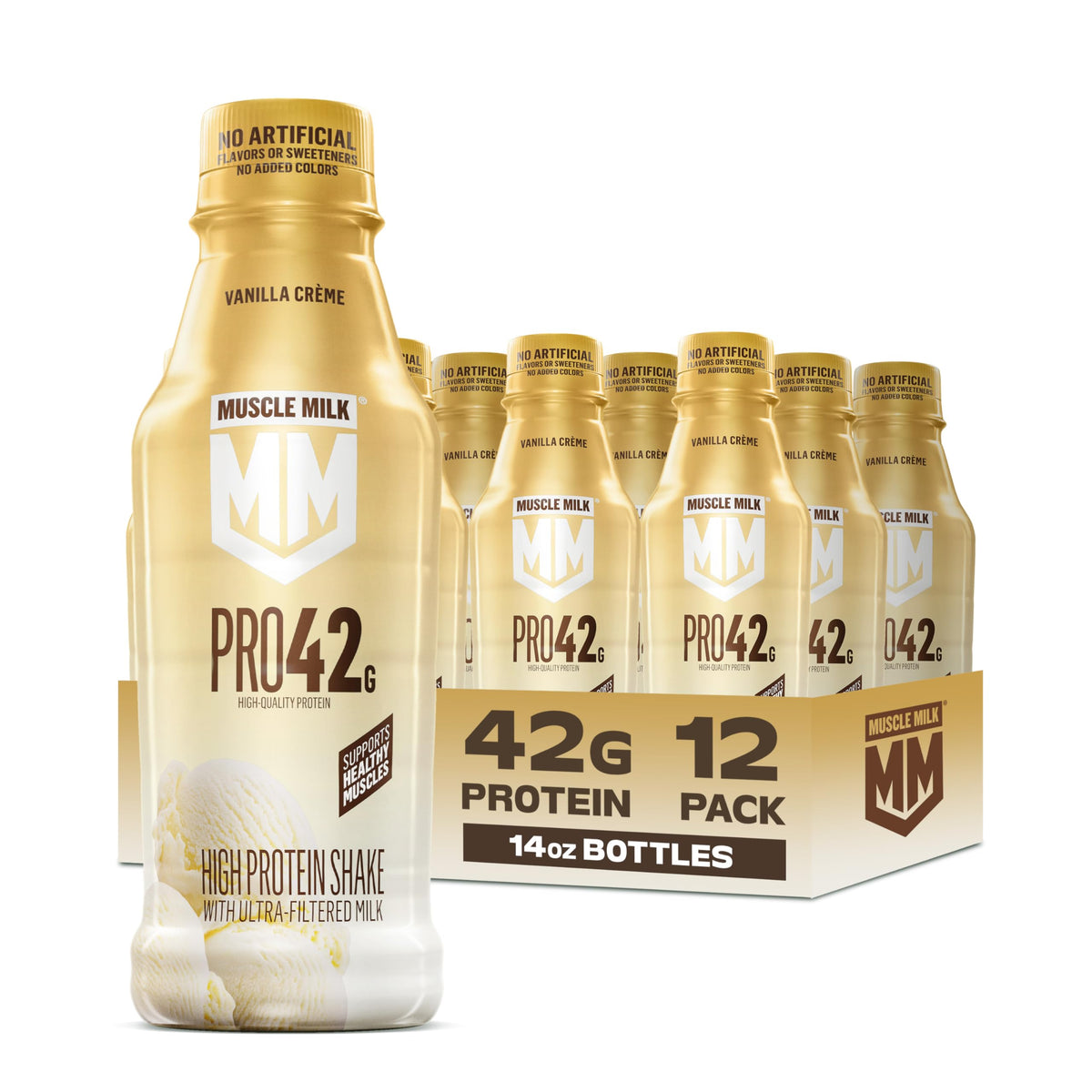 Muscle Milk front packaging showing 12-bottle pack and convenience