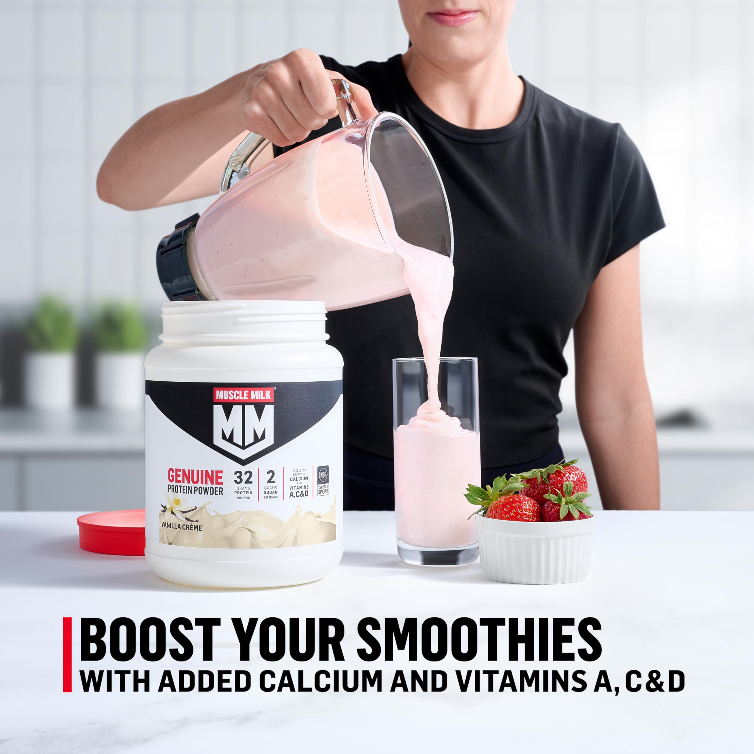 Muscle Milk scoop with powder showing recommended serving and simple measuring benefit