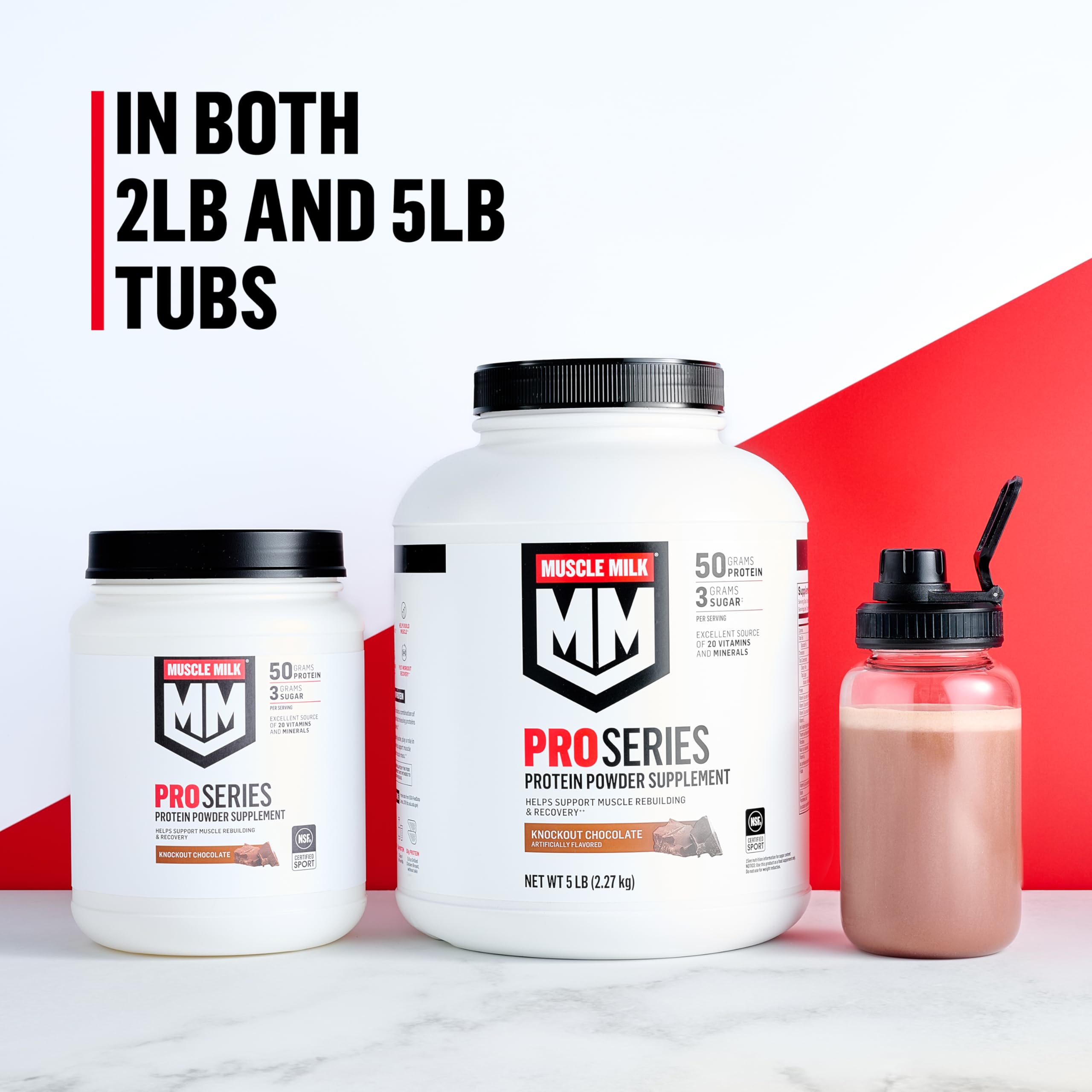 Muscle Milk canister held in hand showing two-pound size and portability
