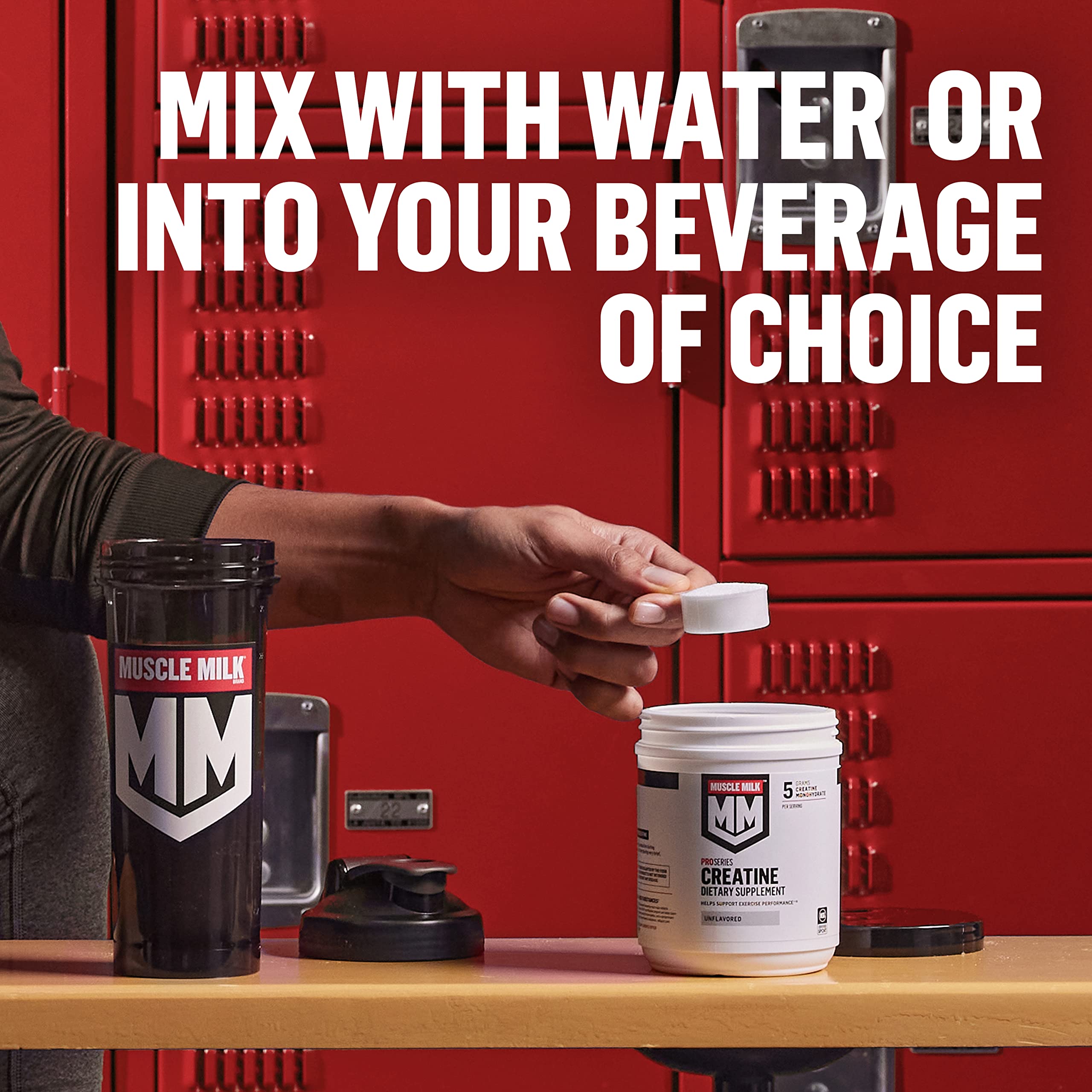 Muscle Milk canister beside common water bottle, conveys size and servings