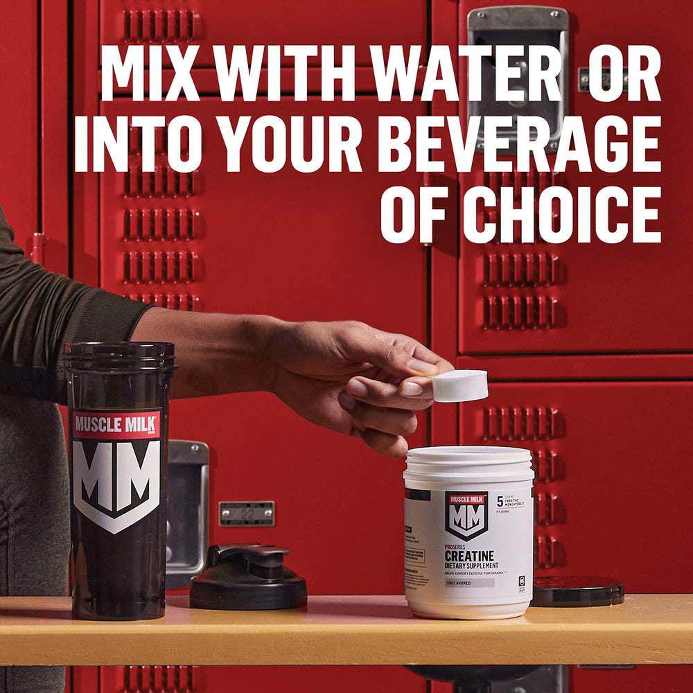 Muscle Milk canister beside common water bottle, conveys size and servings