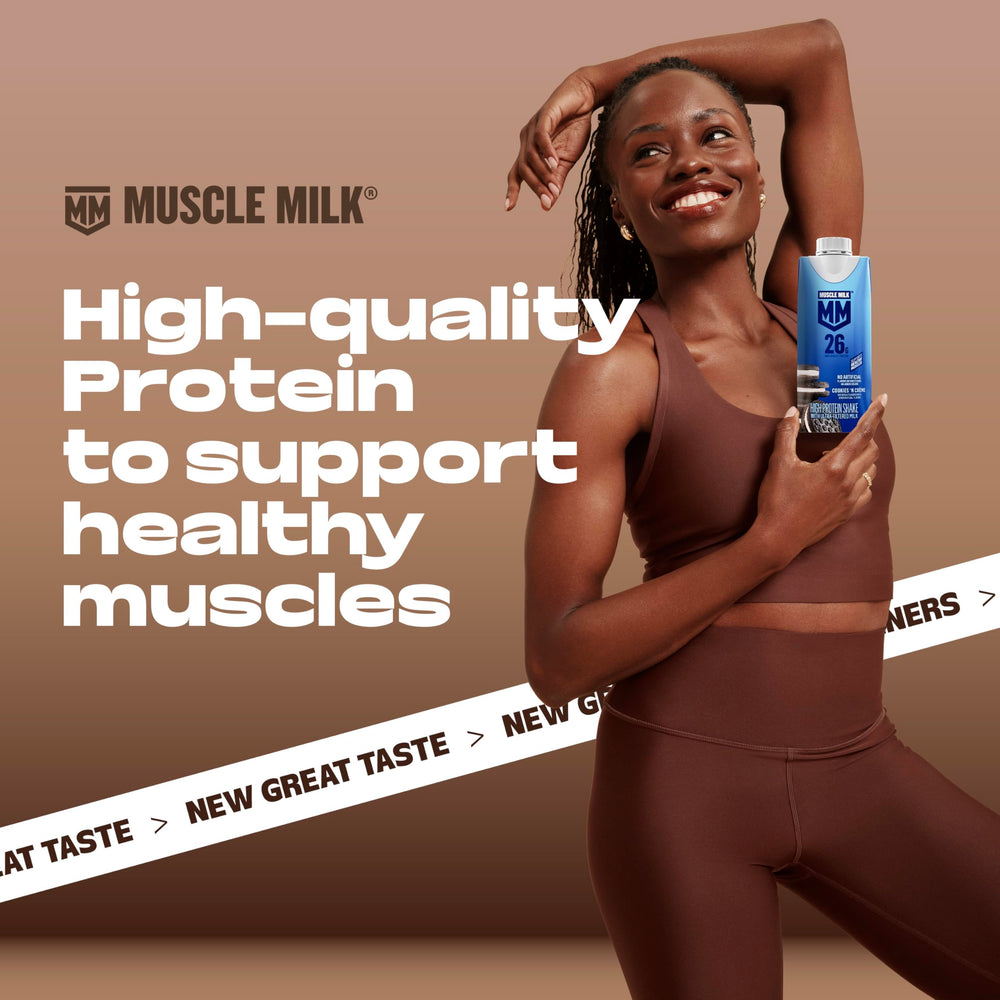 Muscle Milk twelve-pack stacked in a kitchen pantry for meal planning