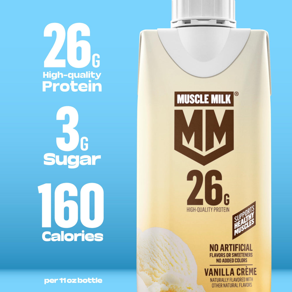 Muscle Milk vanilla crème placed on a gym bench demonstrating post-workout convenience