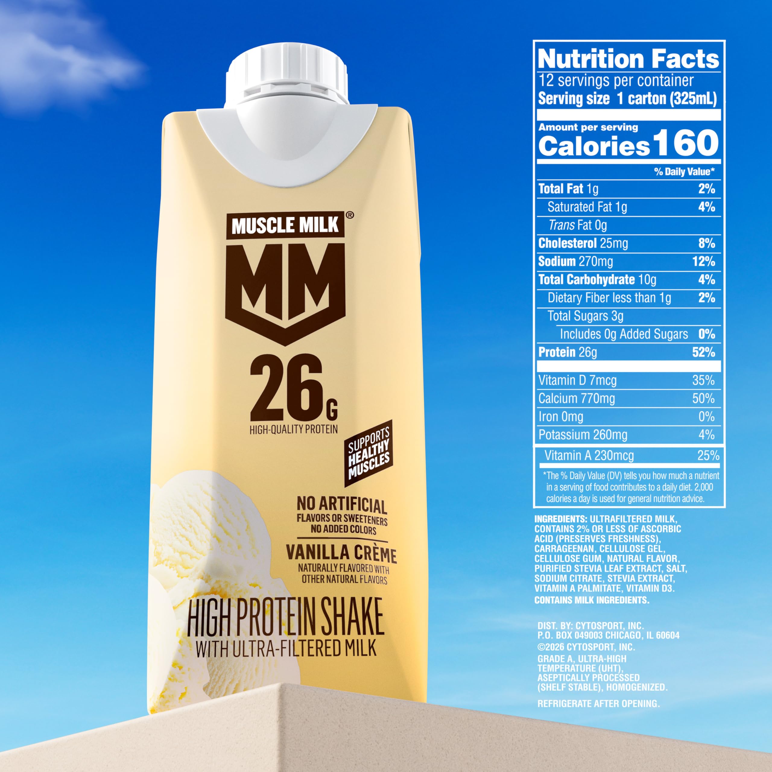 Muscle Milk vanilla crème carton open at the top ready to drink for convenience