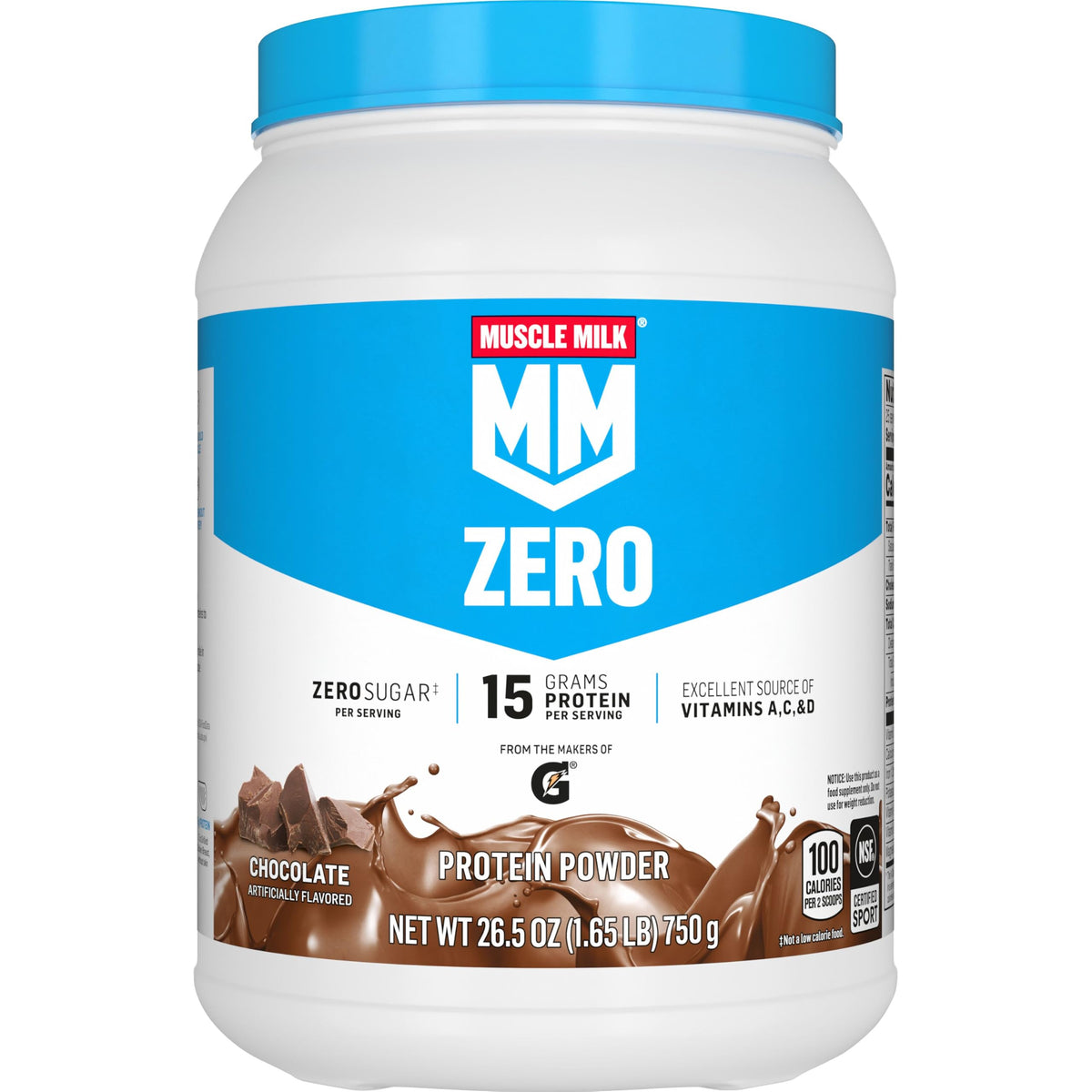 Muscle Milk front canister showing chocolate label and convenient servings
