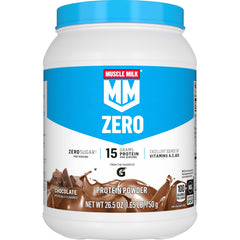 Muscle Milk front canister showing chocolate label and convenient servings