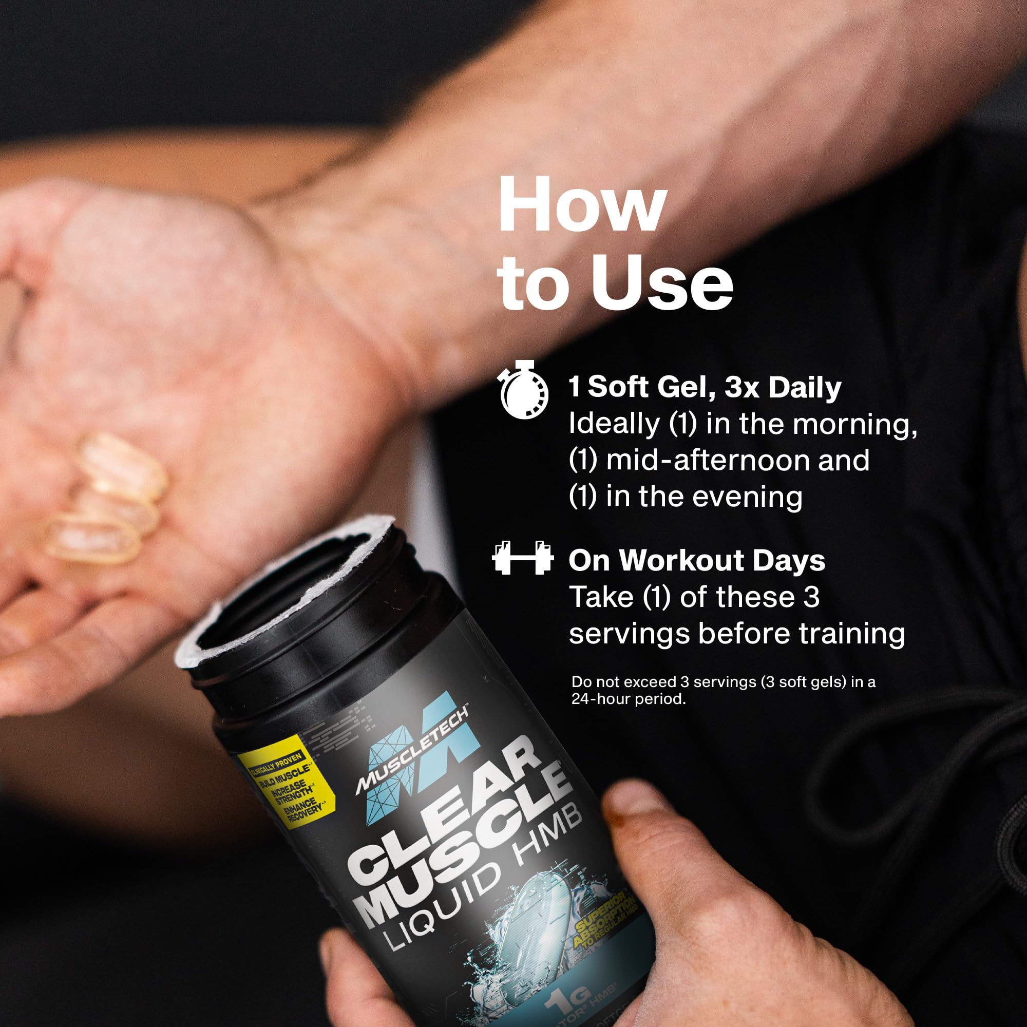 MuscleTech Clear Muscle bottle next to gym bag showing portability and on-the-go use