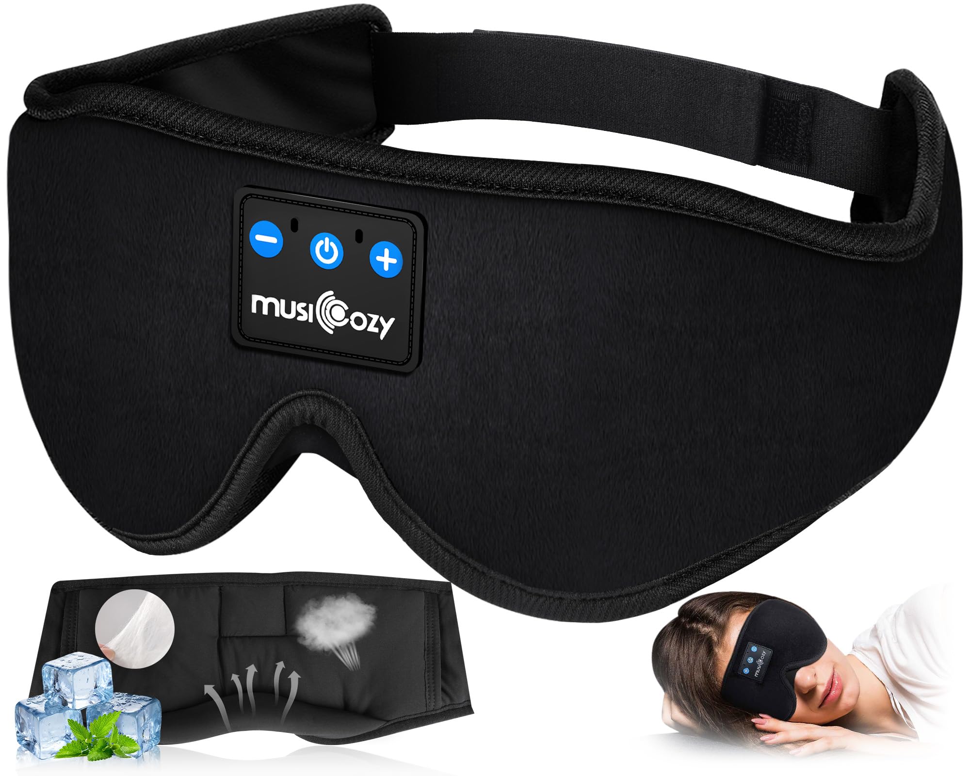 MUSICOZY front view eye mask showing comfortable blackout coverage