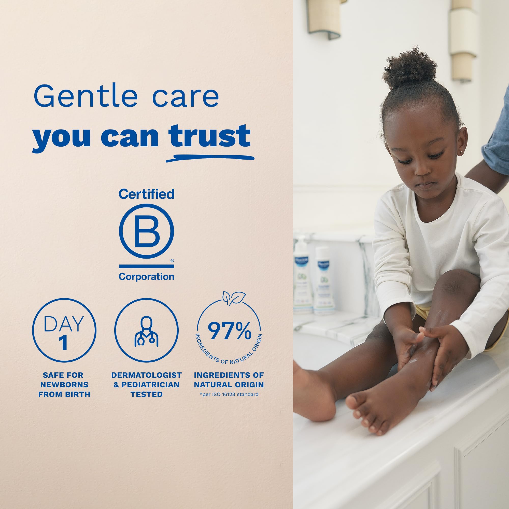 Mustela application on baby leg demonstrating gentle massage and hydration