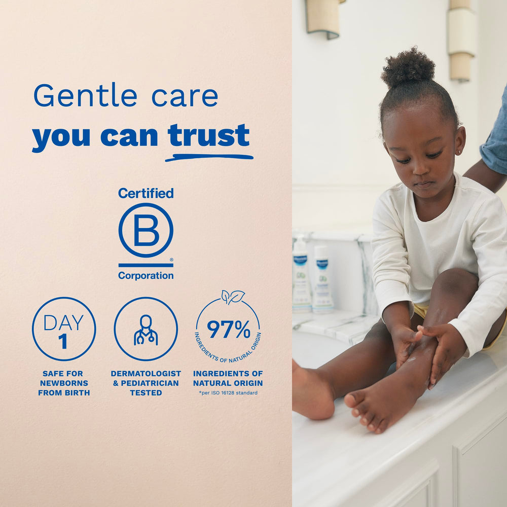 Mustela application on baby leg demonstrating gentle massage and hydration