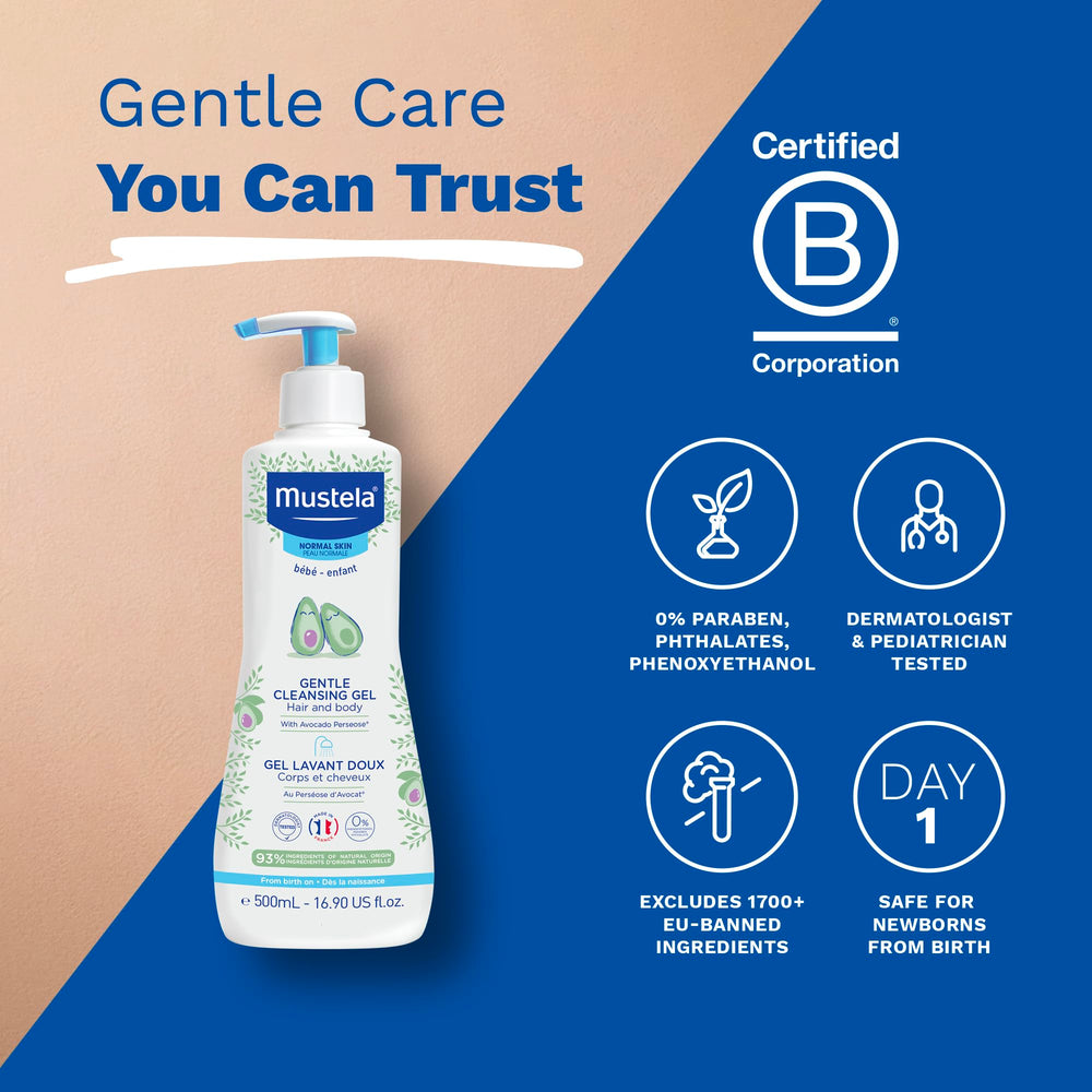 Mustela bottle beside baby in bathtub conveying safe everyday use