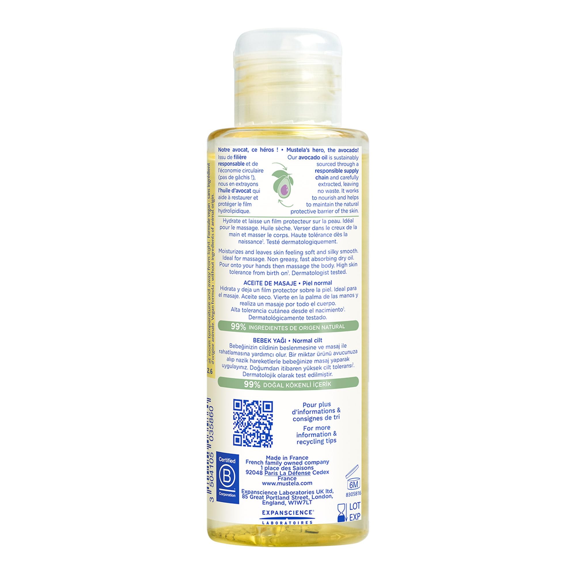 Mustela baby oil beside bath towel in bathroom lifestyle scene for post-bath use